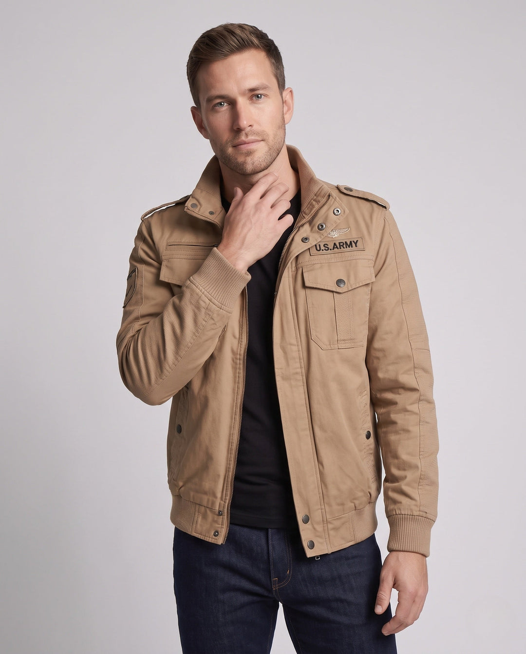 Męska Military canvas field Blouson z Epaulettes, utility kieszeniami i prążkowany dół