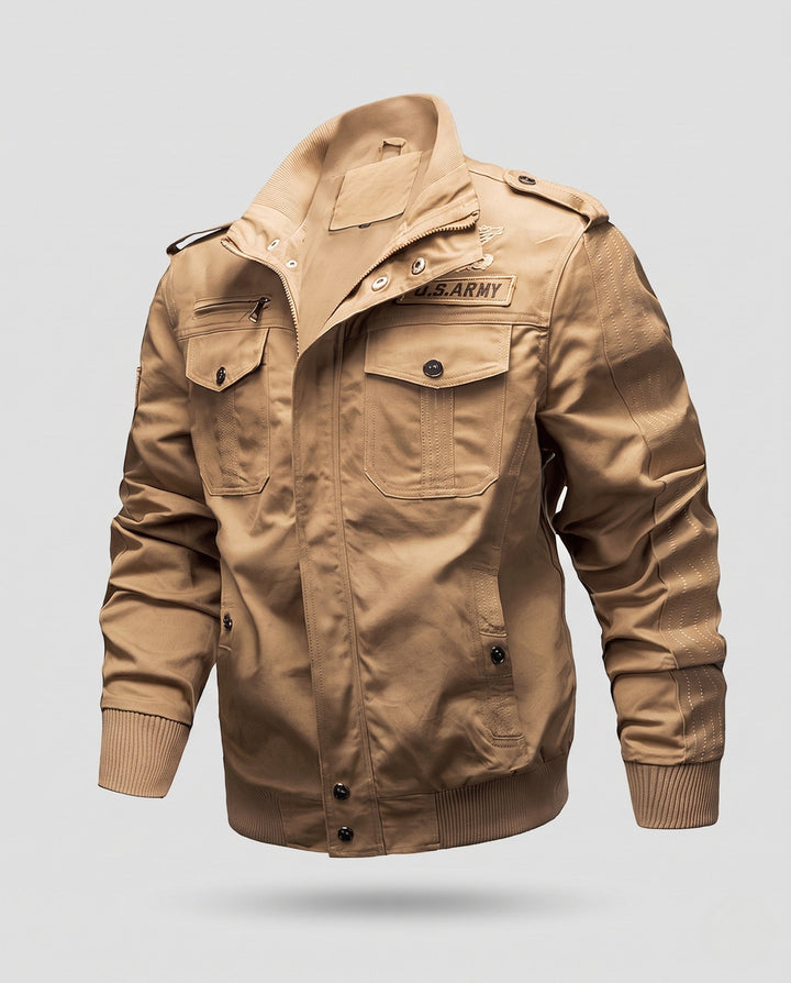 Męska Military canvas field Blouson z Epaulettes, utility kieszeniami i prążkowany dół