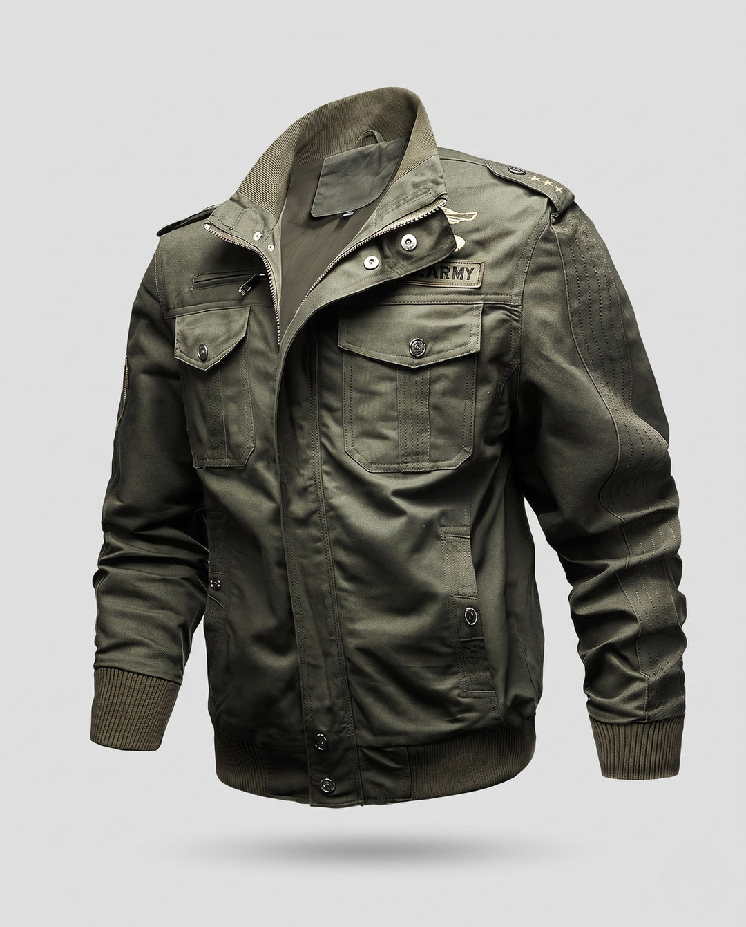 Męska Military canvas field Blouson z Epaulettes, utility kieszeniami i prążkowany dół