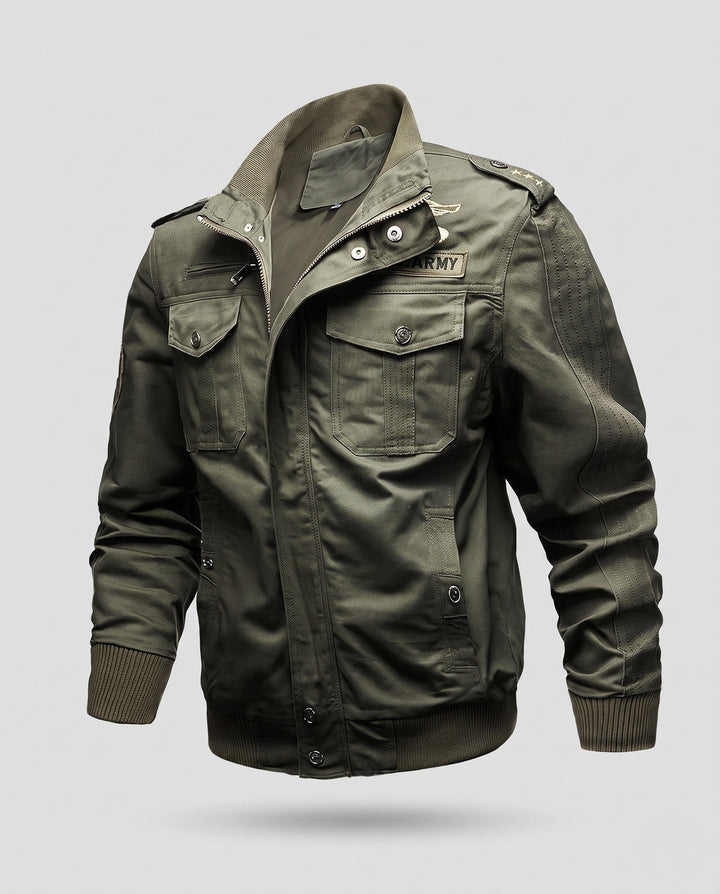 Męska Military canvas field Blouson z Epaulettes, utility kieszeniami i prążkowany dół