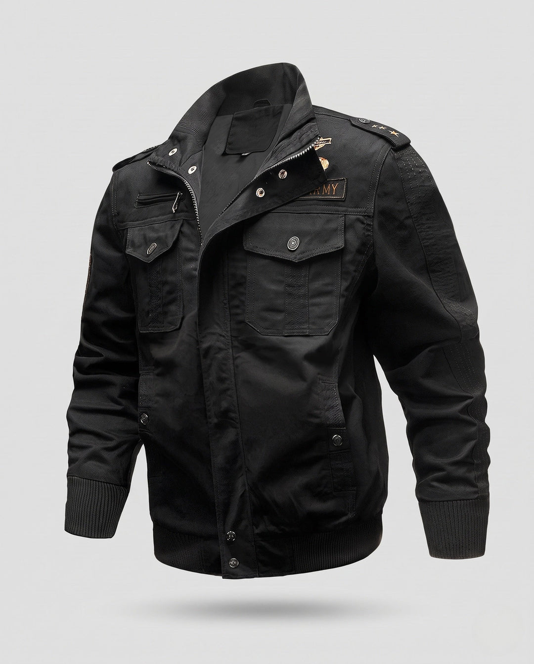 Męska Military canvas field Blouson z Epaulettes, utility kieszeniami i prążkowany dół