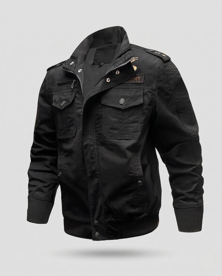 Męska Military canvas field Blouson z Epaulettes, utility kieszeniami i prążkowany dół