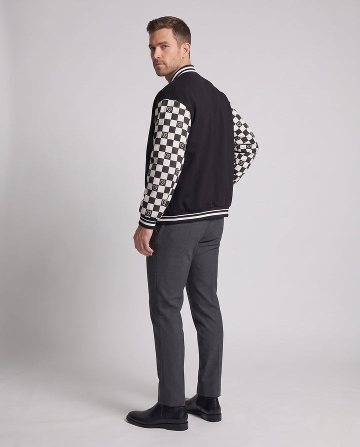 Męska Oversize bomberka kurtka w Varsity styl z Checkered wzór rękawy i w paski prążkowanymi mankietami