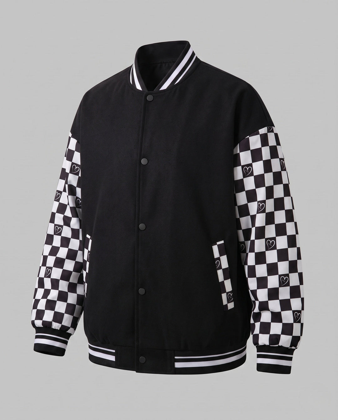 Męska Oversize bomberka kurtka w Varsity styl z Checkered wzór rękawy i w paski prążkowanymi mankietami