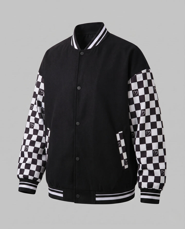 Męska Oversize bomberka kurtka w Varsity styl z Checkered wzór rękawy i w paski prążkowanymi mankietami