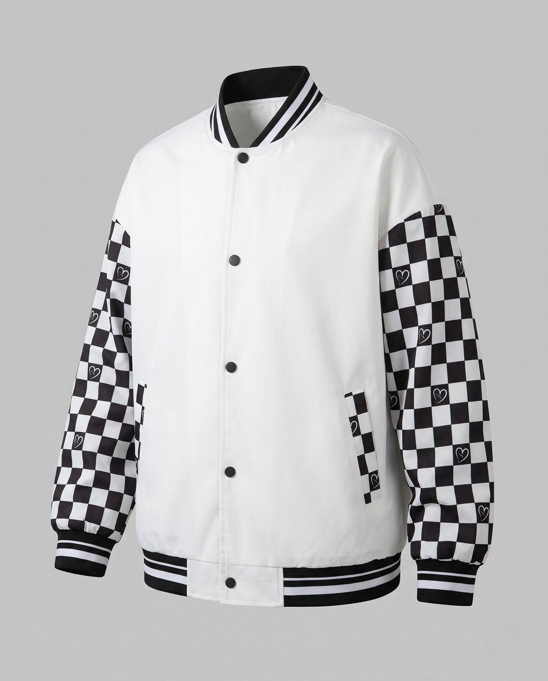 Męska Oversize bomberka kurtka w Varsity styl z Checkered wzór rękawy i w paski prążkowanymi mankietami