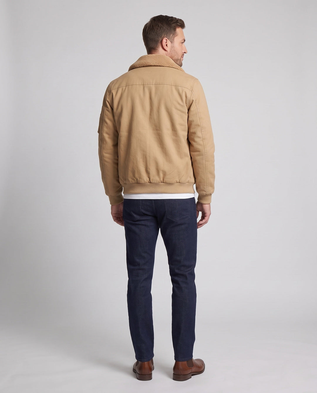 Męska solidny canvas bomberka kurtka z warmwg Sherpa lwwg i fold kołnierzem