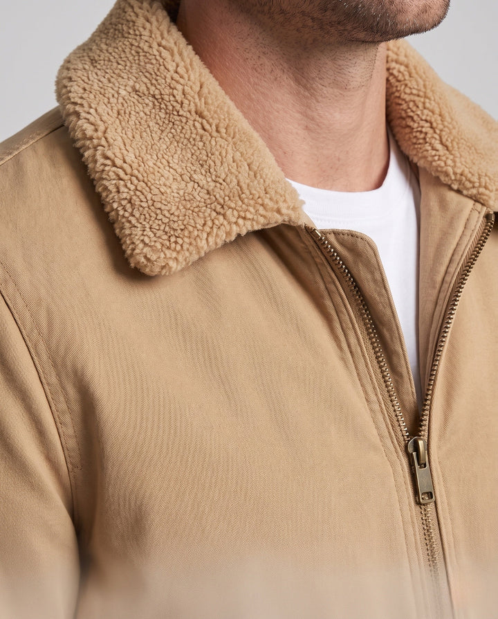 Męska solidny canvas bomberka kurtka z warmwg Sherpa lwwg i fold kołnierzem