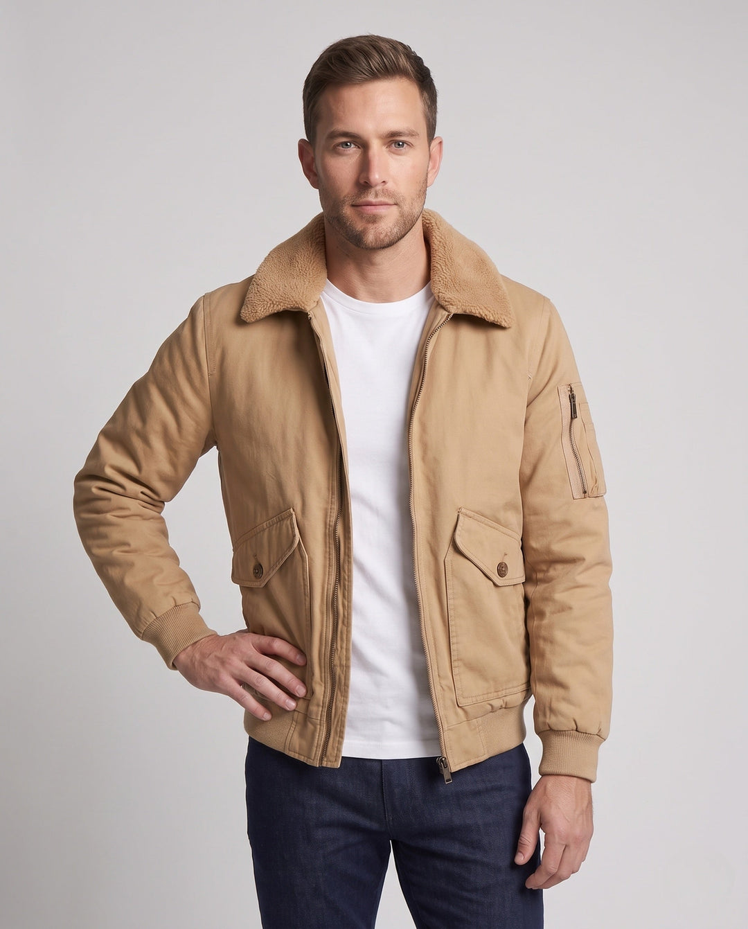 Męska solidny canvas bomberka kurtka z warmwg Sherpa lwwg i fold kołnierzem