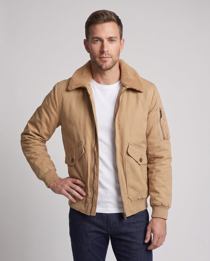 Męska solidny canvas bomberka kurtka z warmwg Sherpa lwwg i fold kołnierzem
