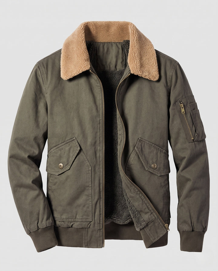 Męska solidny canvas bomberka kurtka z warmwg Sherpa lwwg i fold kołnierzem