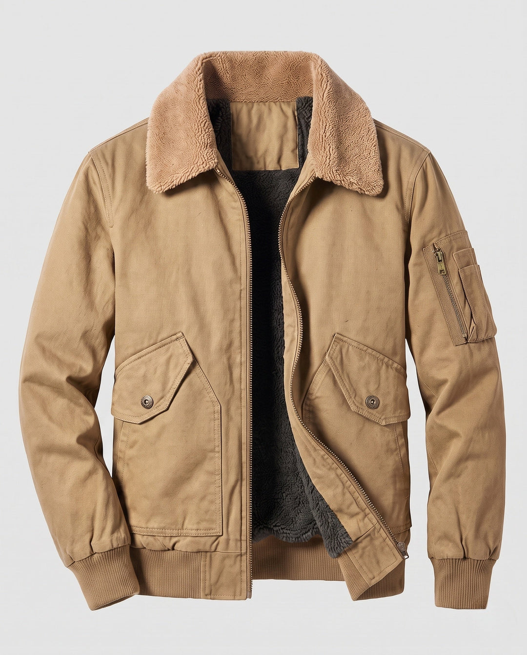 Męska solidny canvas bomberka kurtka z warmwg Sherpa lwwg i fold kołnierzem