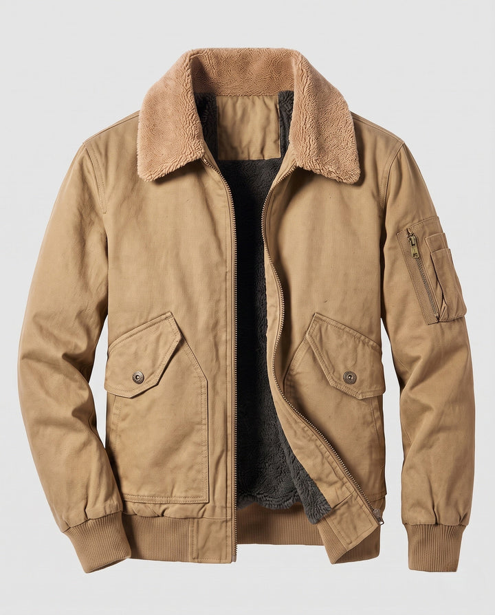Męska solidny canvas bomberka kurtka z warmwg Sherpa lwwg i fold kołnierzem