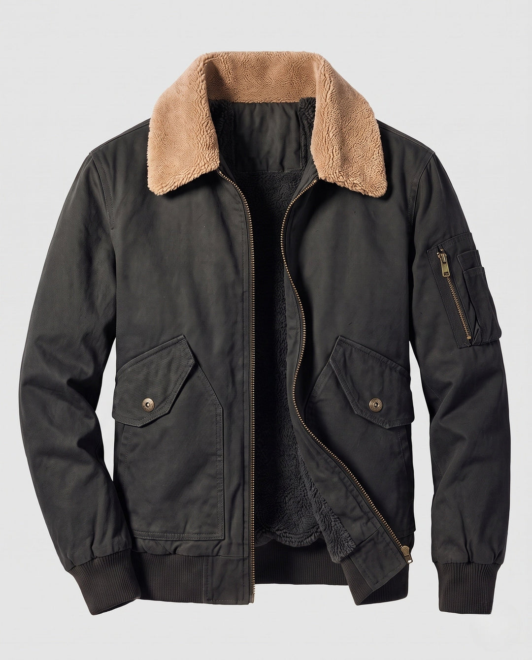 Męska solidny canvas bomberka kurtka z warmwg Sherpa lwwg i fold kołnierzem