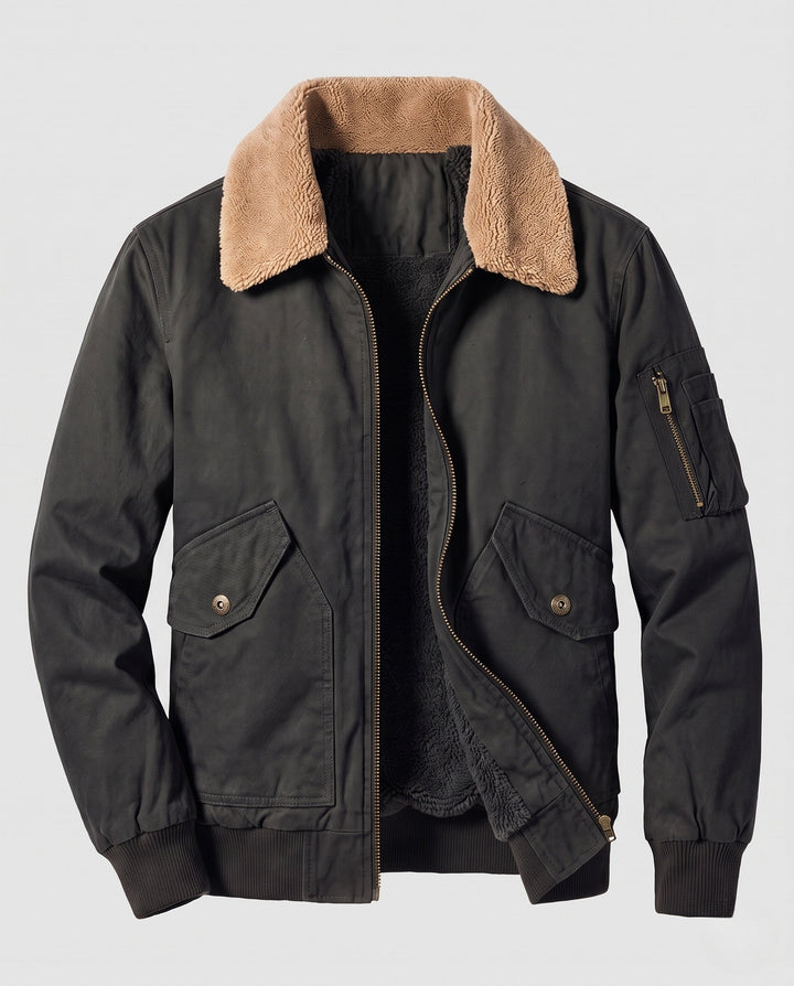 Męska solidny canvas bomberka kurtka z warmwg Sherpa lwwg i fold kołnierzem