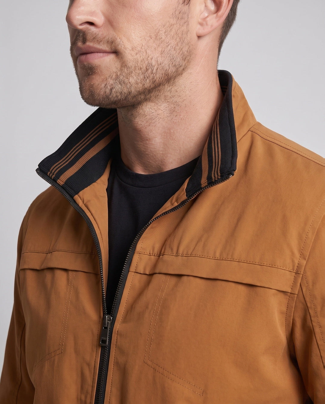 Męska termiczny canvas bomberka z warmwg teddy fleece lwwg, stójką i contrastwg prążkowany hems