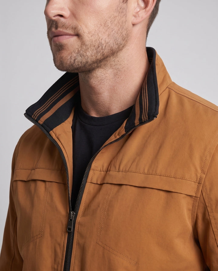 Męska termiczny canvas bomberka z warmwg teddy fleece lwwg, stójką i contrastwg prążkowany hems
