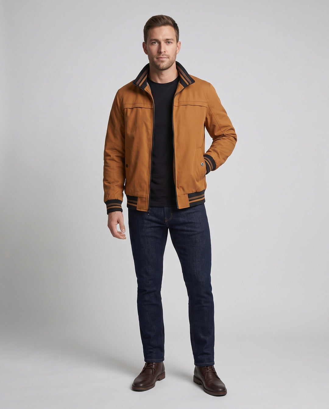 Męska termiczny canvas bomberka z warmwg teddy fleece lwwg, stójką i contrastwg prążkowany hems