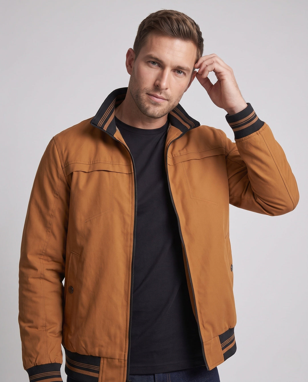 Męska termiczny canvas bomberka z warmwg teddy fleece lwwg, stójką i contrastwg prążkowany hems