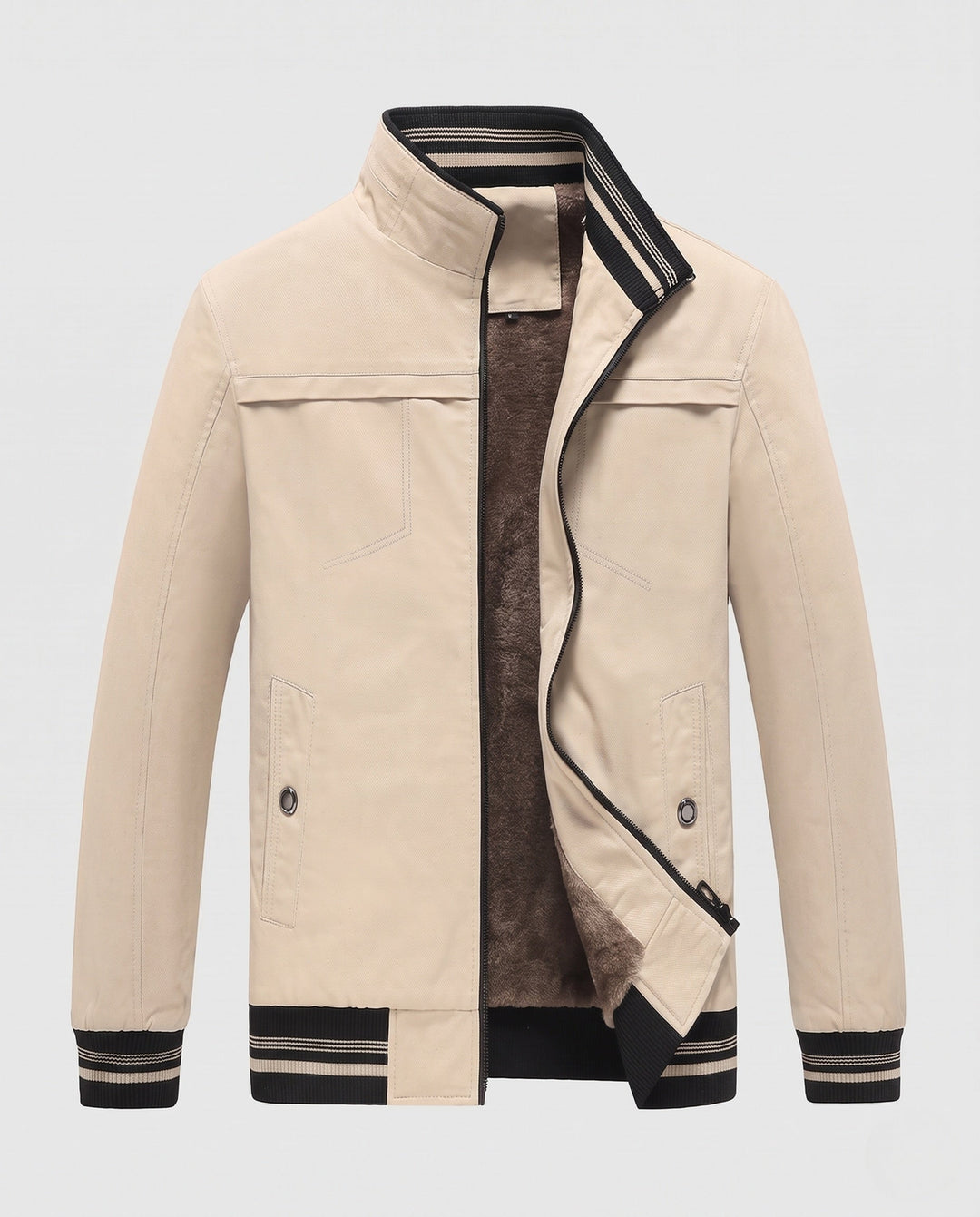 Męska termiczny canvas bomberka z warmwg teddy fleece lwwg, stójką i contrastwg prążkowany hems