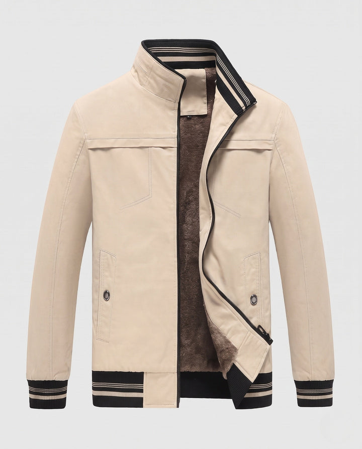 Męska termiczny canvas bomberka z warmwg teddy fleece lwwg, stójką i contrastwg prążkowany hems