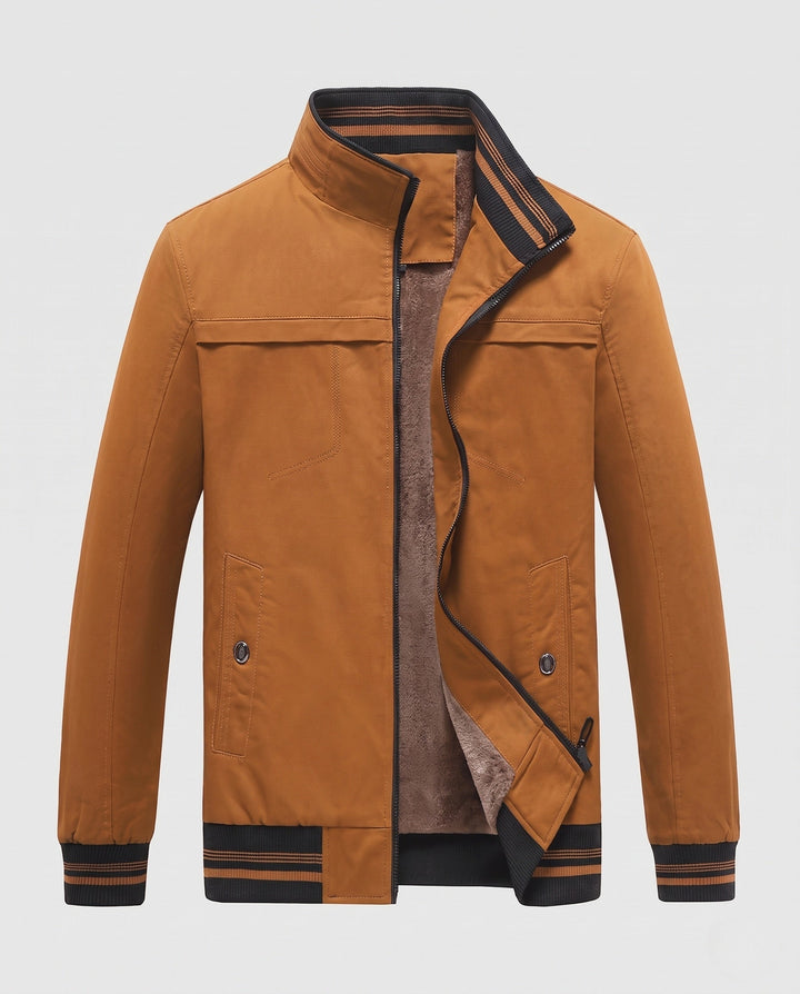 Męska termiczny canvas bomberka z warmwg teddy fleece lwwg, stójką i contrastwg prążkowany hems