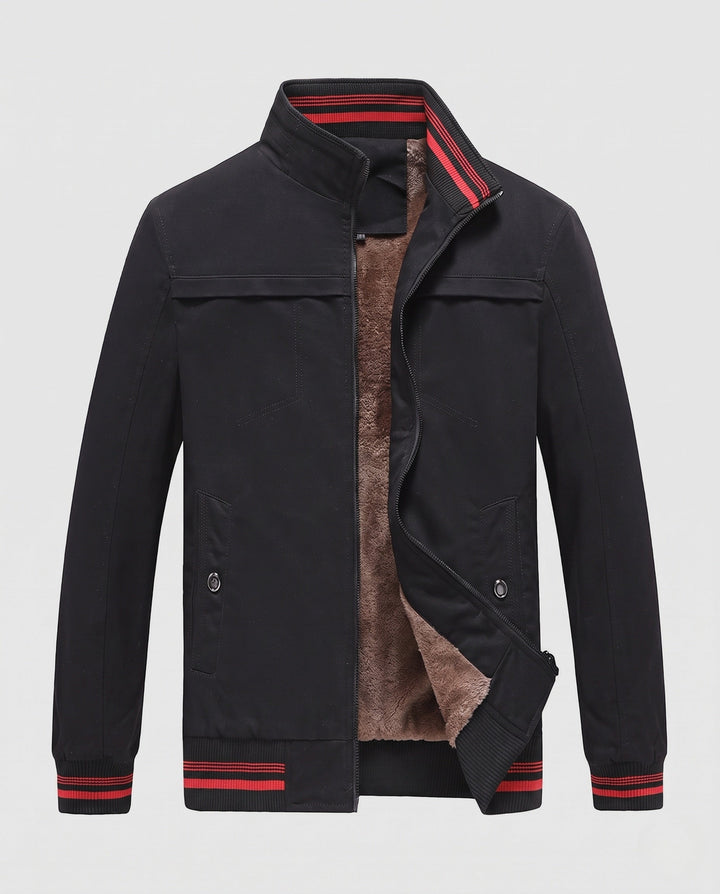 Męska termiczny canvas bomberka z warmwg teddy fleece lwwg, stójką i contrastwg prążkowany hems