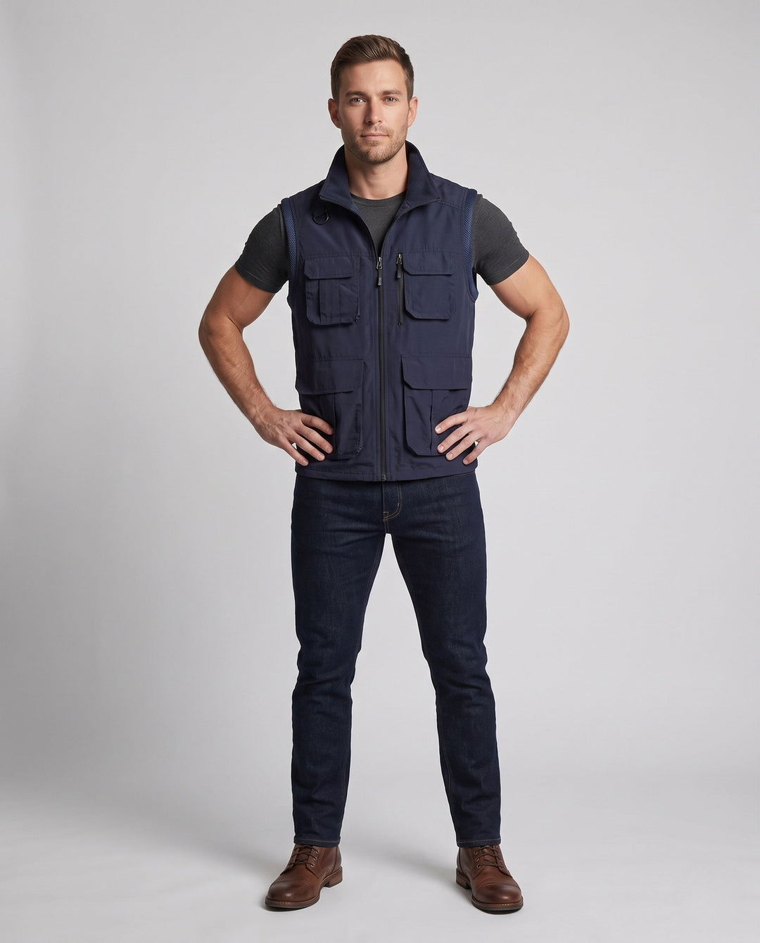 Męska utility kamizelka z warmwg fleece lwwg, multifunctional kieszeniami i stójką