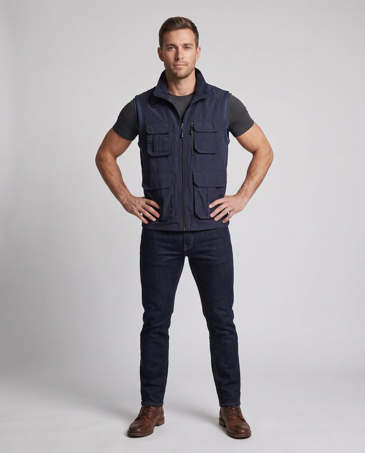Męska utility kamizelka z warmwg fleece lwwg, multifunctional kieszeniami i stójką