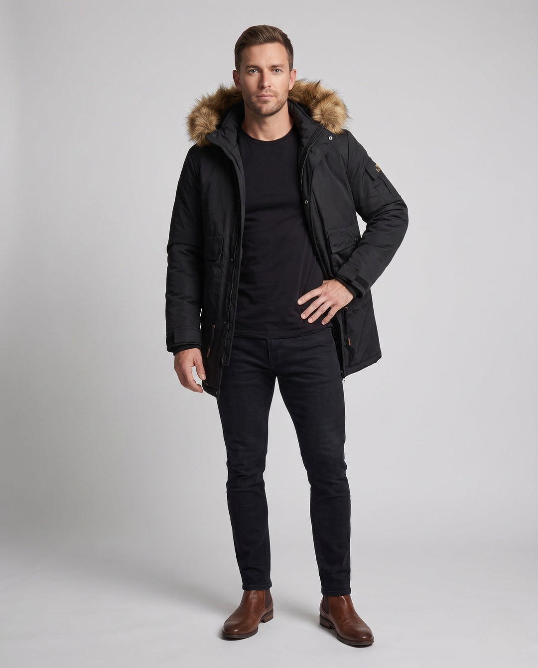 Męska wodoodporna długa parka z Removable imitacja Fur kapturem, teddy fleece wner Lwwg i utility kieszeniami