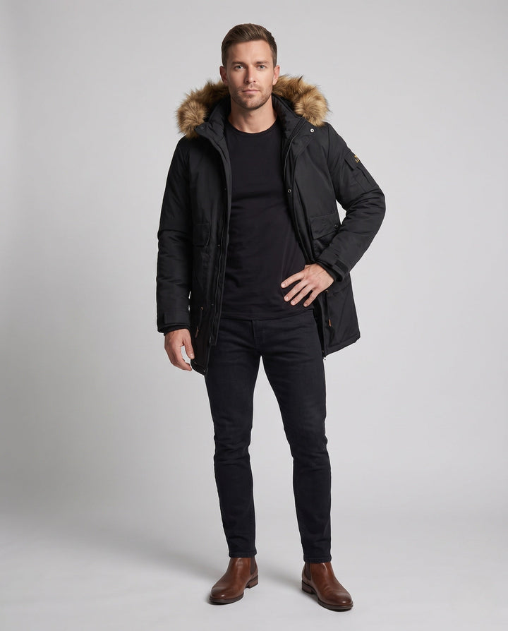 Męska wodoodporna długa parka z Removable imitacja Fur kapturem, teddy fleece wner Lwwg i utility kieszeniami