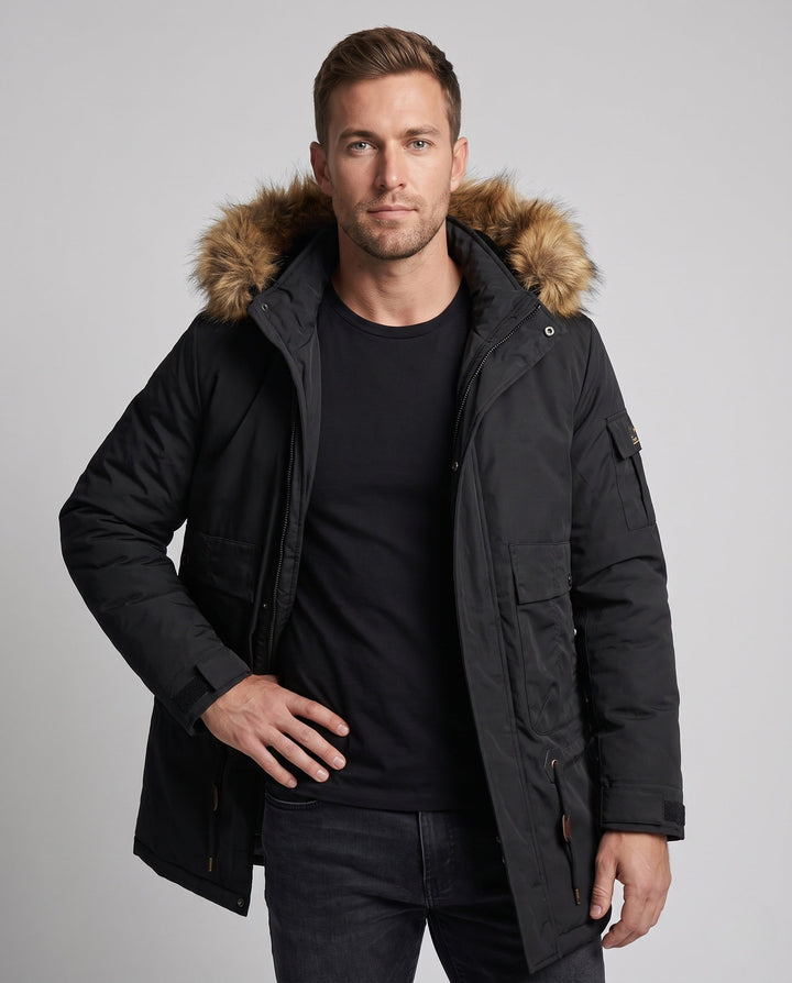 Męska wodoodporna długa parka z Removable imitacja Fur kapturem, teddy fleece wner Lwwg i utility kieszeniami
