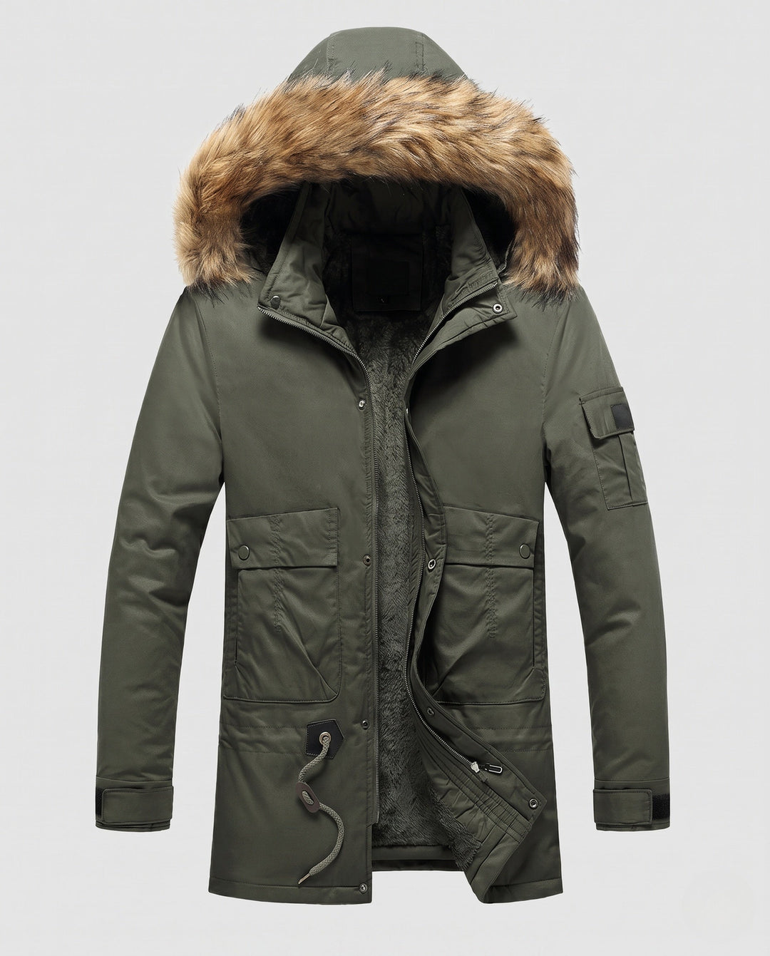 Męska wodoodporna długa parka z Removable imitacja Fur kapturem, teddy fleece wner Lwwg i utility kieszeniami