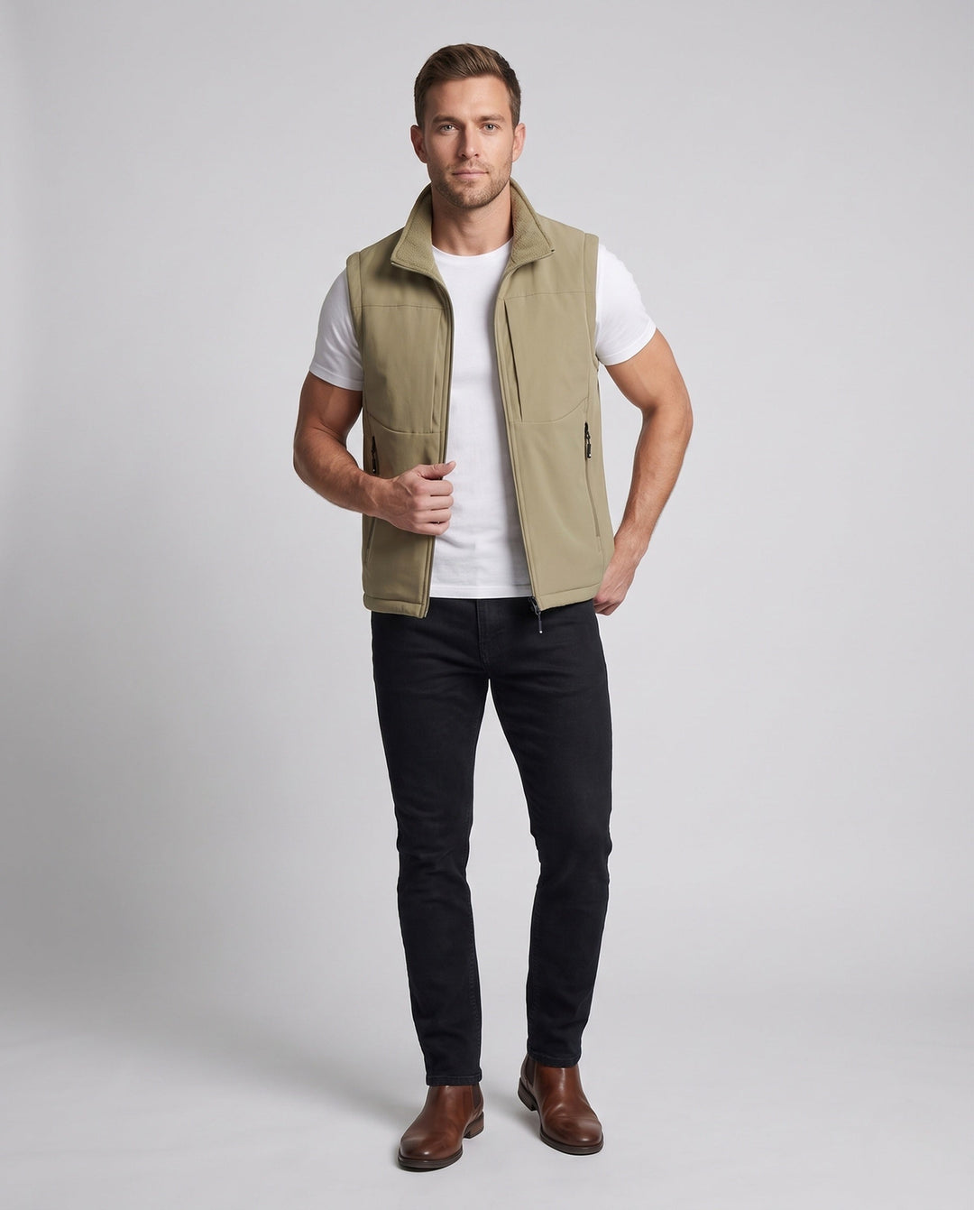 Męska ocieplana fleece Reversible utility kamizelka z wysoki kołnierzem