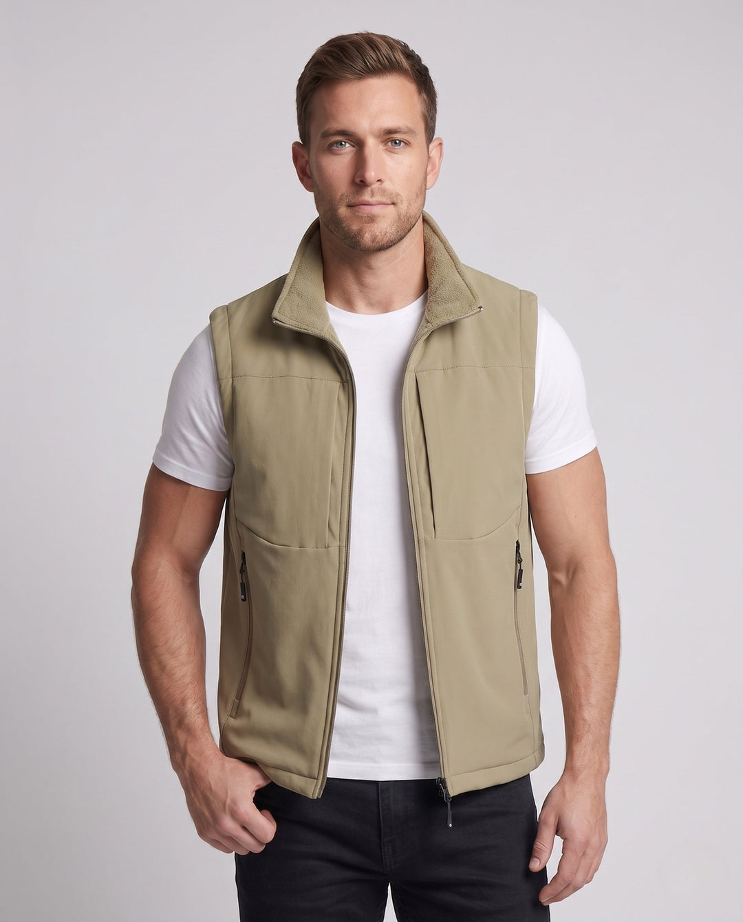Męska ocieplana fleece Reversible utility kamizelka z wysoki kołnierzem