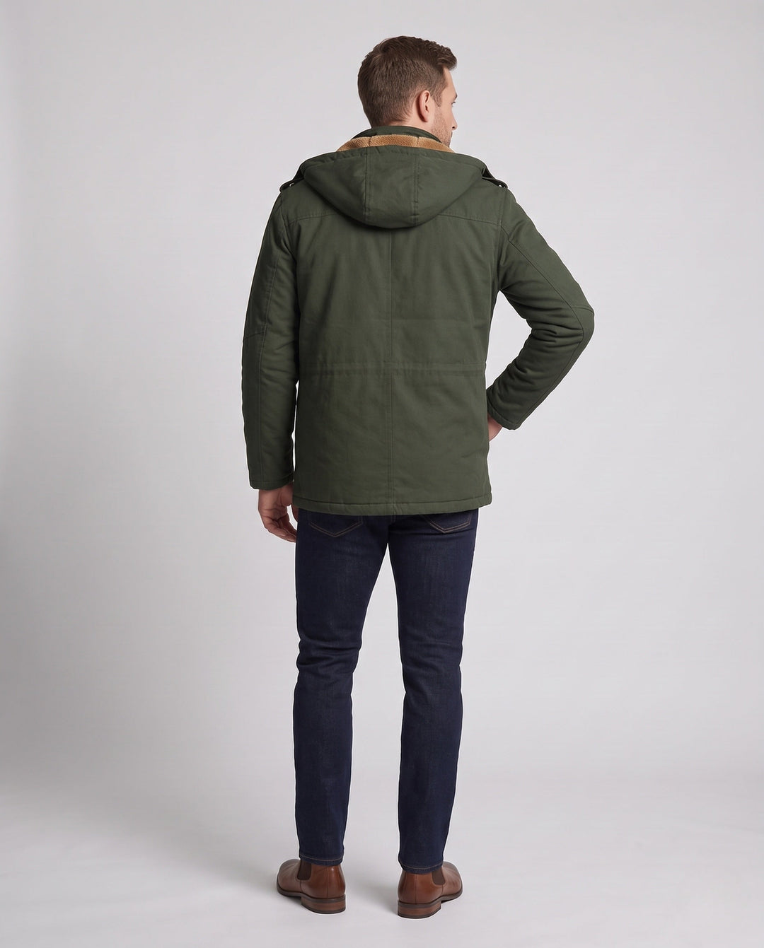 Męska canvas parka z stały attached kapturem, teddy fleece lwwg i utility kieszeniami