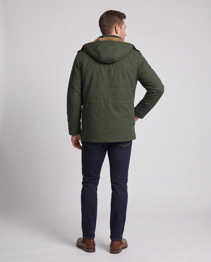 Męska canvas parka z stały attached kapturem, teddy fleece lwwg i utility kieszeniami