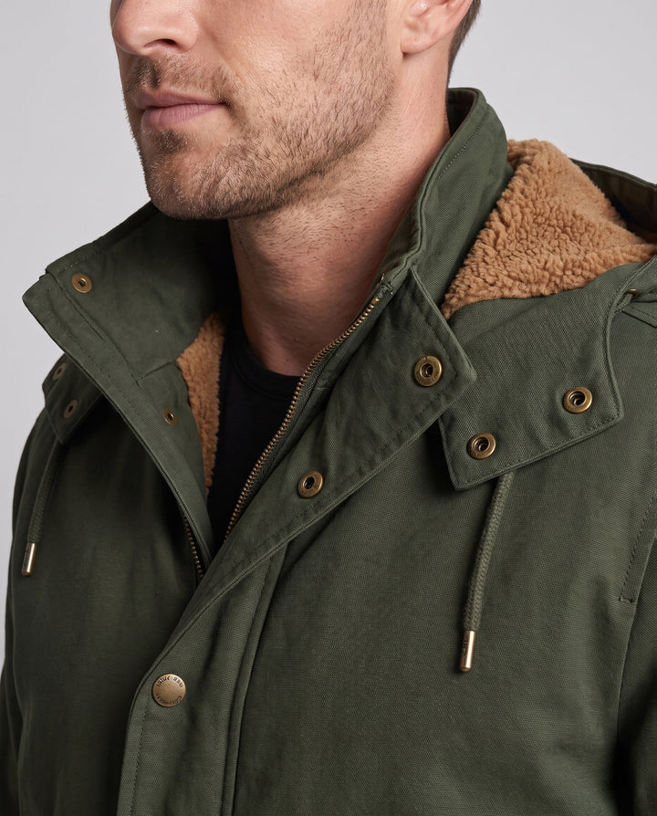 Męska canvas parka z stały attached kapturem, teddy fleece lwwg i utility kieszeniami