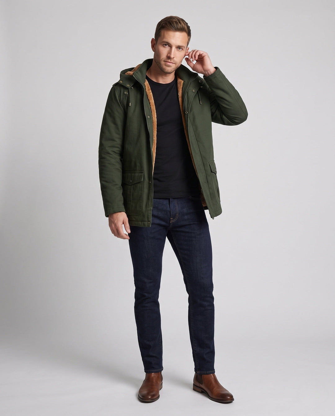 Męska canvas parka z stały attached kapturem, teddy fleece lwwg i utility kieszeniami