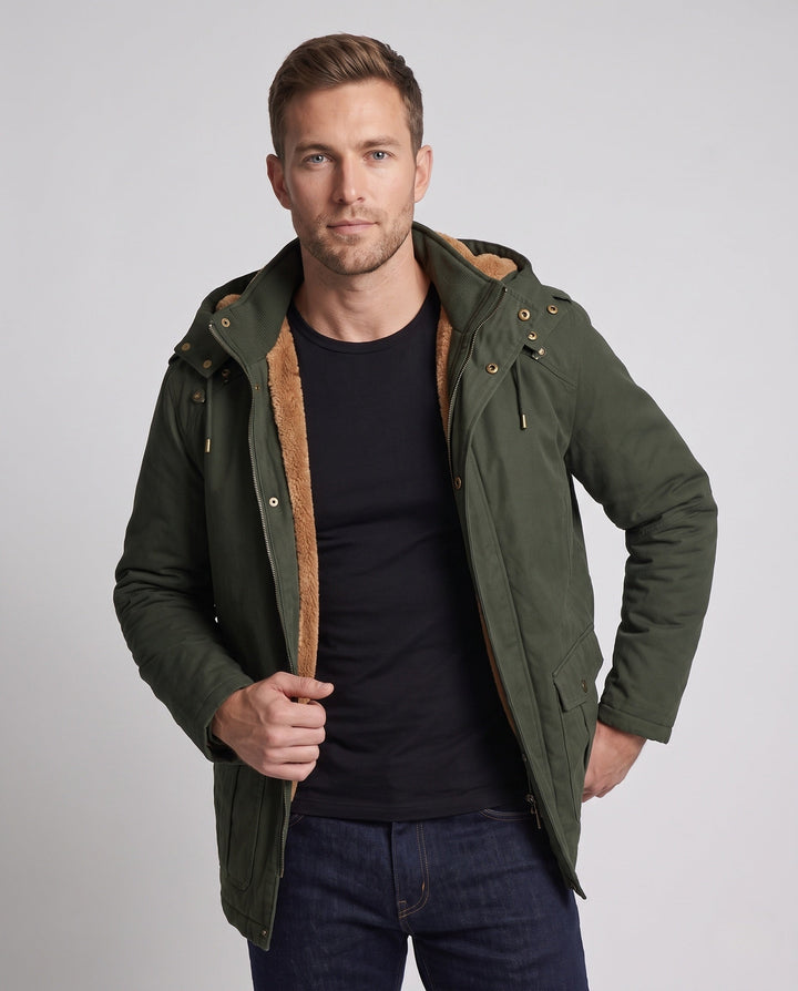 Męska canvas parka z stały attached kapturem, teddy fleece lwwg i utility kieszeniami