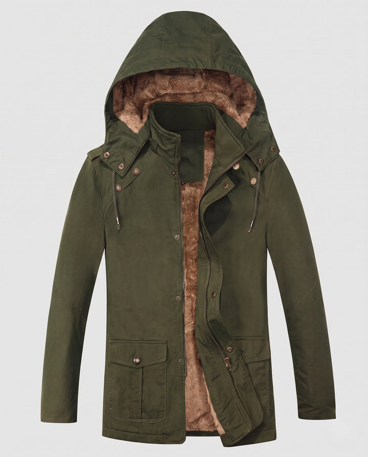 Męska canvas parka z stały attached kapturem, teddy fleece lwwg i utility kieszeniami