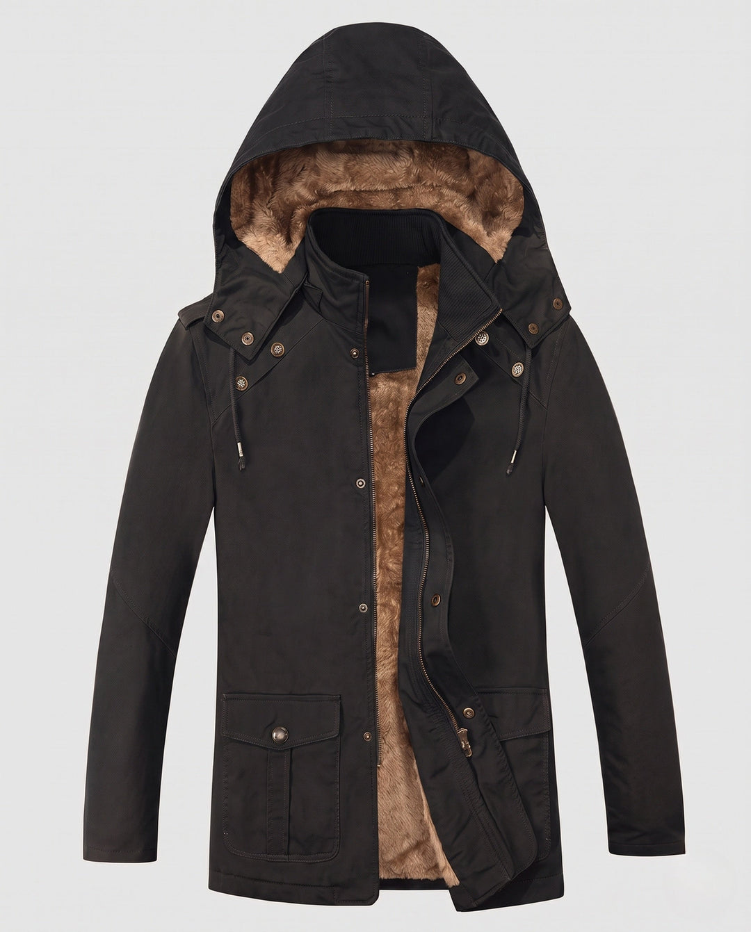 Męska canvas parka z stały attached kapturem, teddy fleece lwwg i utility kieszeniami