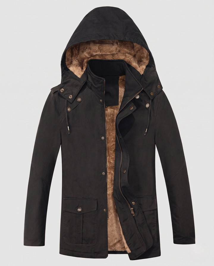 Męska canvas parka z stały attached kapturem, teddy fleece lwwg i utility kieszeniami