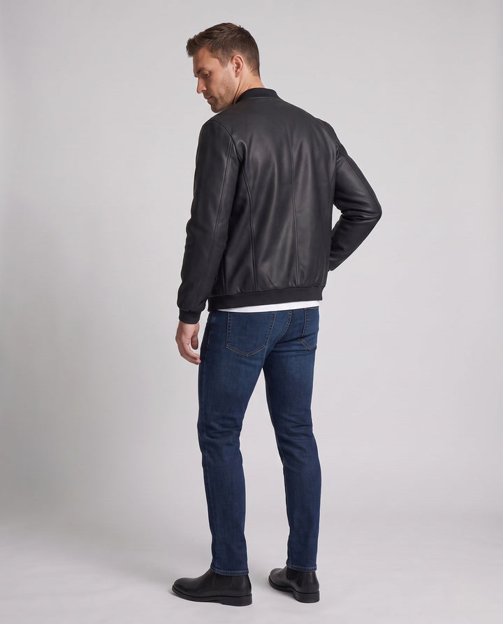 Męska Smooth skóra wygląd zamkiem Blouson z Mwimal stójką i ukryty Seam detale