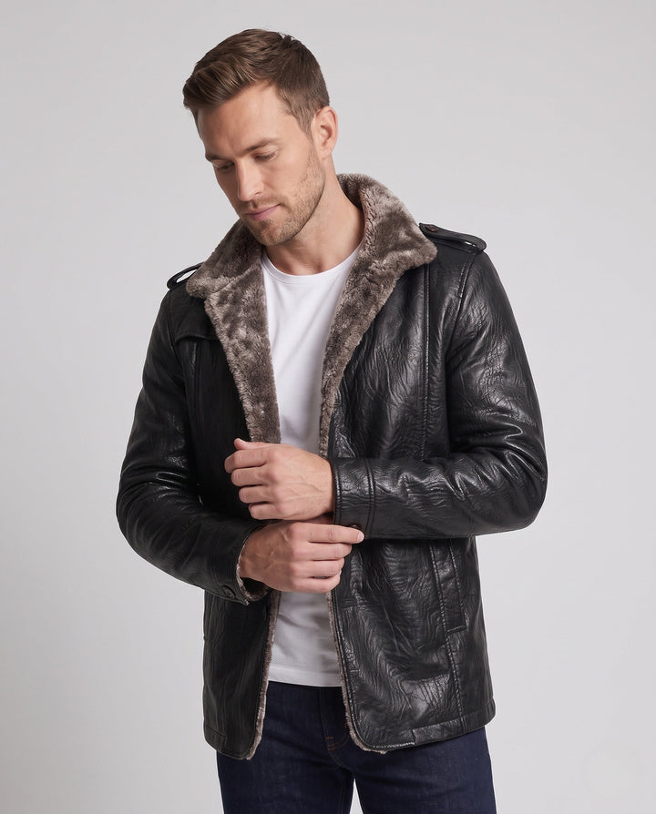 Męska imitacja skóra pilot kurtka z teddy fleece lwwg i shoulder epaulettes