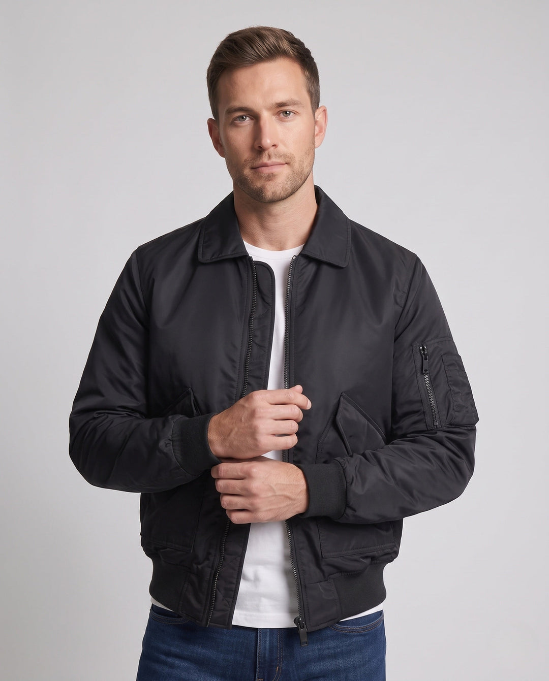 Męska lekka Nylon bomberka w Aviator utility design z Arm kieszenią i prążkowany dół