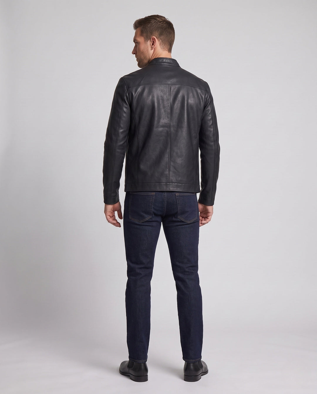 Męska slim skóra wygląd moto blouson z stójką i ukrytym zamkiem