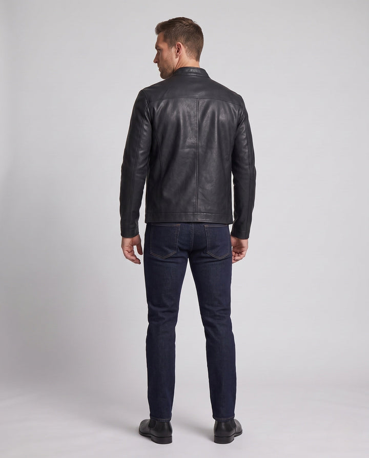 Męska slim skóra wygląd moto blouson z stójką i ukrytym zamkiem