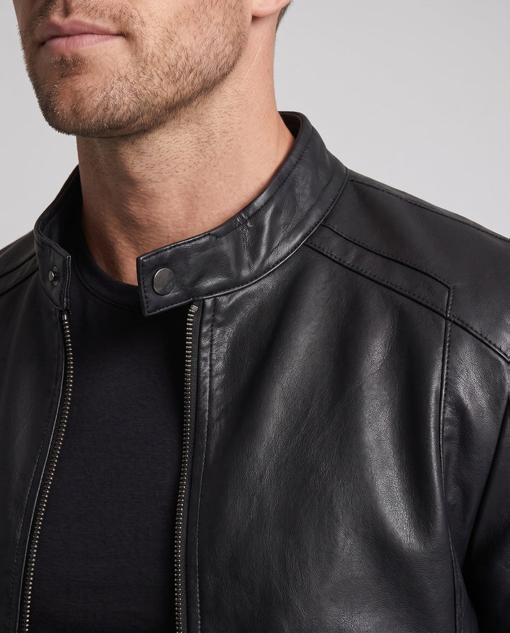 Męska slim skóra wygląd moto blouson z stójką i ukrytym zamkiem