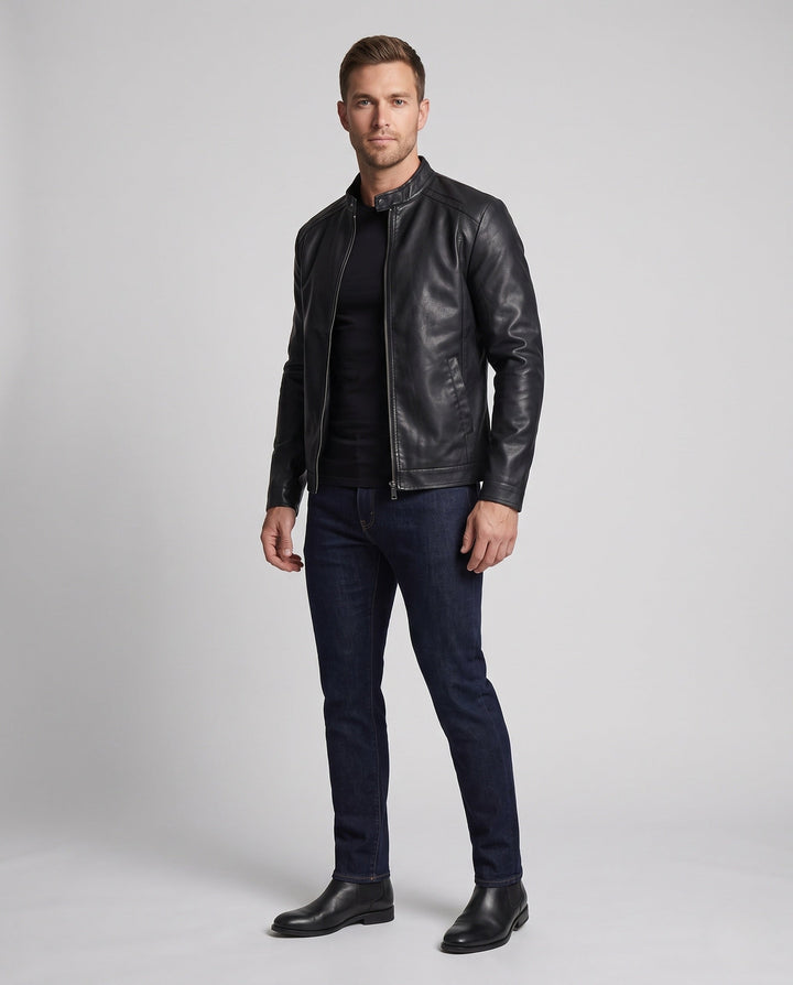 Męska slim skóra wygląd moto blouson z stójką i ukrytym zamkiem